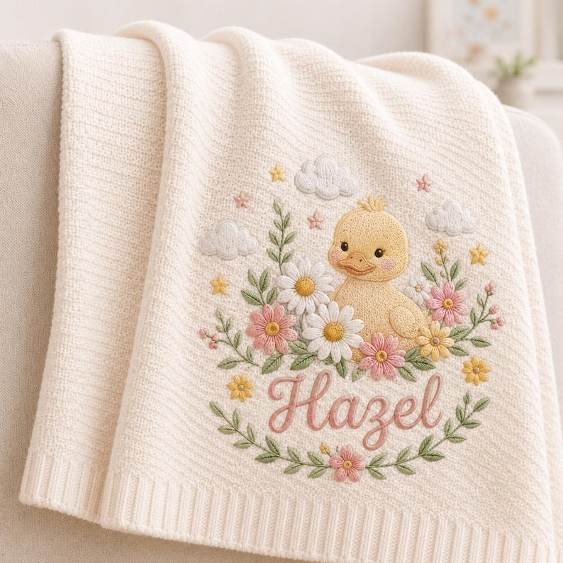 Cartoon Duck Personalized Embroidered Baby Blanket, Custom Name Soft Knit Blanket, Minimal Nursery Newborn Blanket, Baby Gift image 2