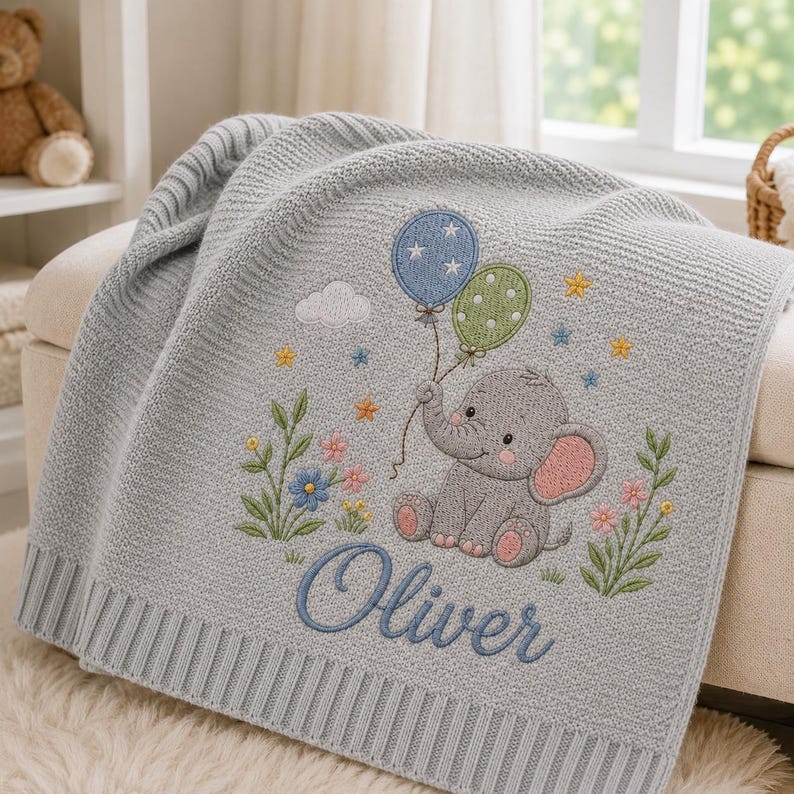 Elephant Baby Blanket with Custom Name, Personalized Balloon Nursery Blanket, Soft Knit Newborn Keepsake Gift image 9