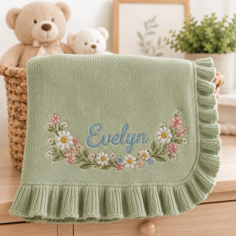 May include: A sage green knitted blanket featuring a ruffled edge and an embroidered floral wreath surrounding the name Evelyn in blue script. The blanket is draped over a woven basket containing two plush teddy bears in the background.