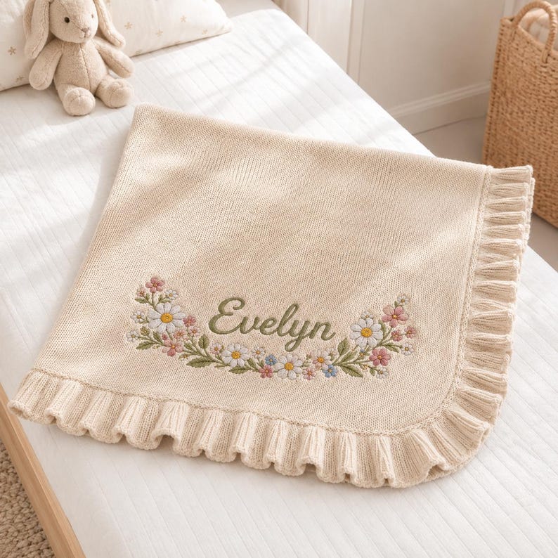May include: A cream-colored knitted blanket featuring a ruffled edge and an embroidered floral wreath design surrounding the name Evelyn in green script. The blanket is made of a soft knit fabric with delicate flower details in pink, white, and blue