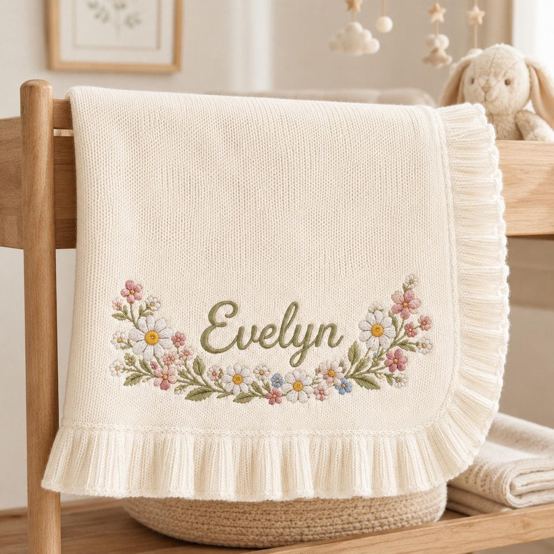 May include: A cream-colored knit baby blanket featuring a ruffled edge and an embroidered floral garland surrounding the name Evelyn in green script. The design includes small pink, white, and blue flowers with green leaves on a soft fabric.