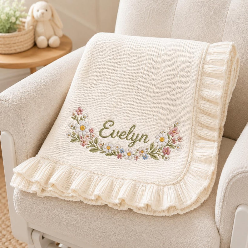 Personalized Wreath Baby Blanket, Custom Name Soft Knit Blanket, Wildflower Newborn Blanket, Nursery Gift image 9