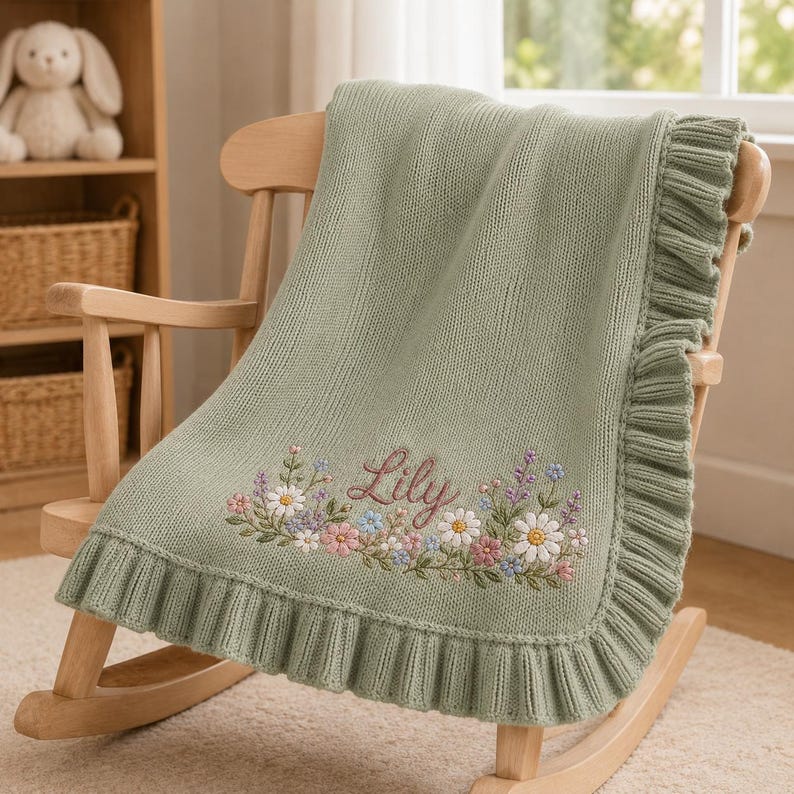 Daisy Wildflower Baby Blanket with Custom Name, Personalized Blue Knit Blanket, Floral Border Newborn Nursery Gift image 11