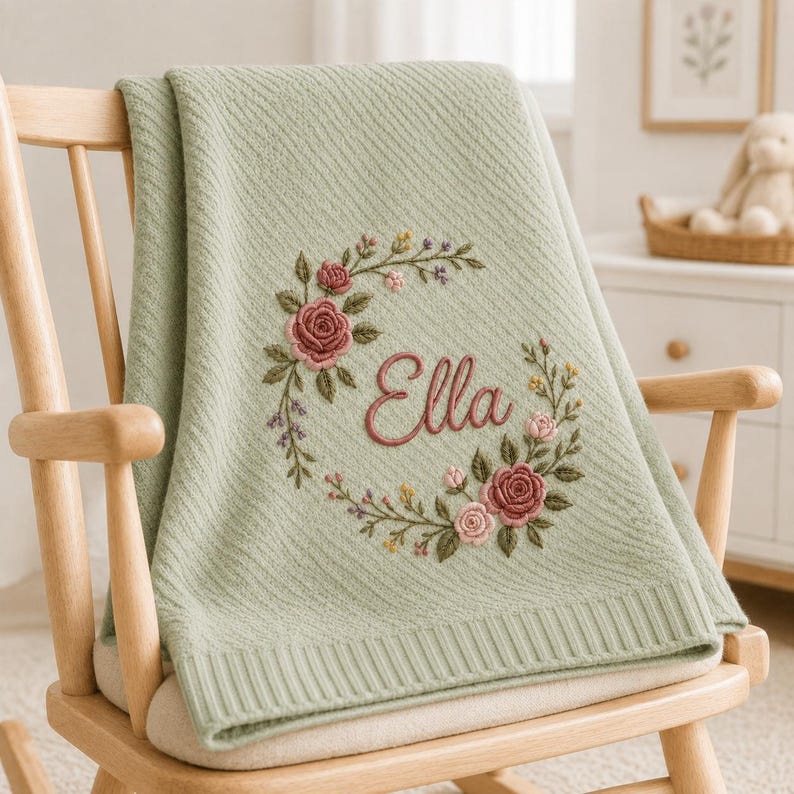 May include: A sage green knitted baby blanket featuring a diagonal ribbed texture and a central embroidered floral wreath. The wreath is composed of pink roses and green leaves, encircling the name Ella stitched in a cursive dark pink font.