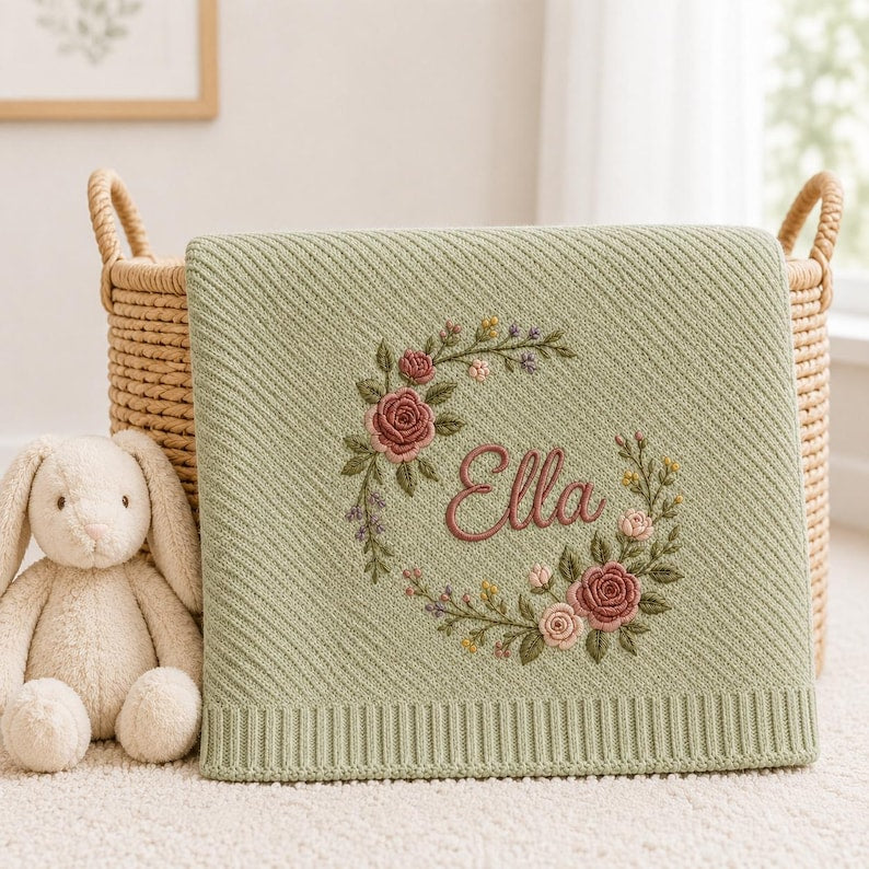 Personalized Baby Name Blanket, Embroidered Floral Knit Baby Blanket, Custom Newborn Girl Gift, Baby Shower Gift, Nursery Keepsake image 11