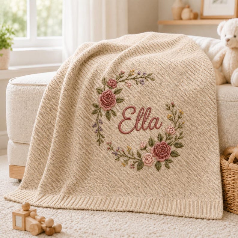 May include: A beige knit blanket featuring a diagonal ribbed texture and a central embroidered floral wreath. The wreath is composed of pink roses, green leaves, and small purple and yellow accents. The name Ella is embroidered in cursive script.