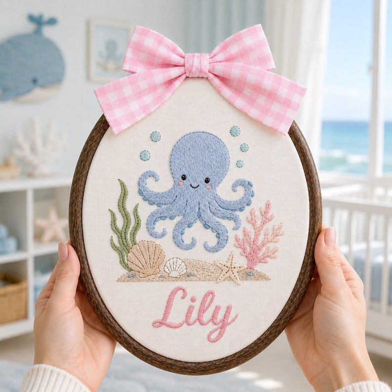 Personalized Baby Name Sign, Ocean Nursery Decor, Custom Embroidered Name Hoop, Octopus Baby Shower Gift, Coastal Room Decor image 3