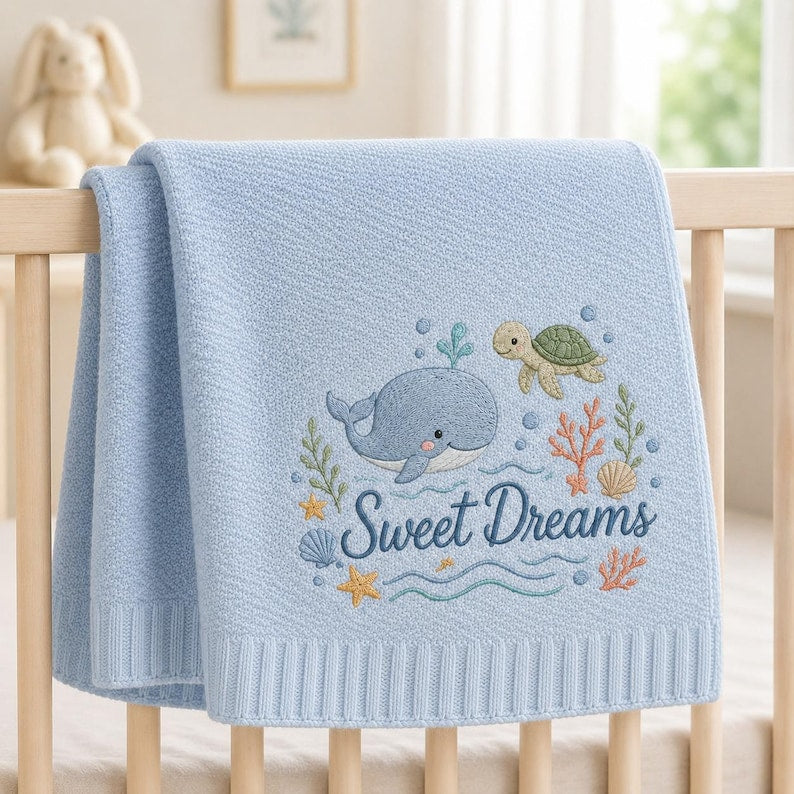 Personalized Baby Blanket Whale Sea Turtle Embroidery Under The Sea Ocean Animal Nursery Crib Swaddle Blanket Newborn Shower Gift image 2
