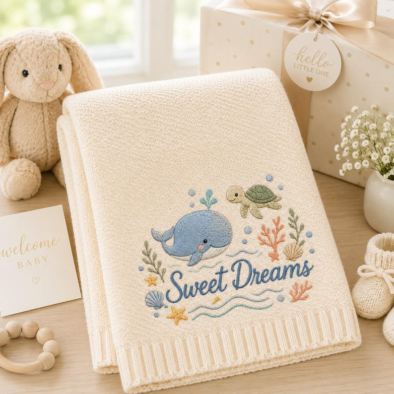 May include: A cream-colored knit baby blanket featuring an embroidered design of a blue whale, a green sea turtle, coral, seashells, and starfish, with the text "Sweet Dreams" in blue script lettering centered above wavy blue lines.
