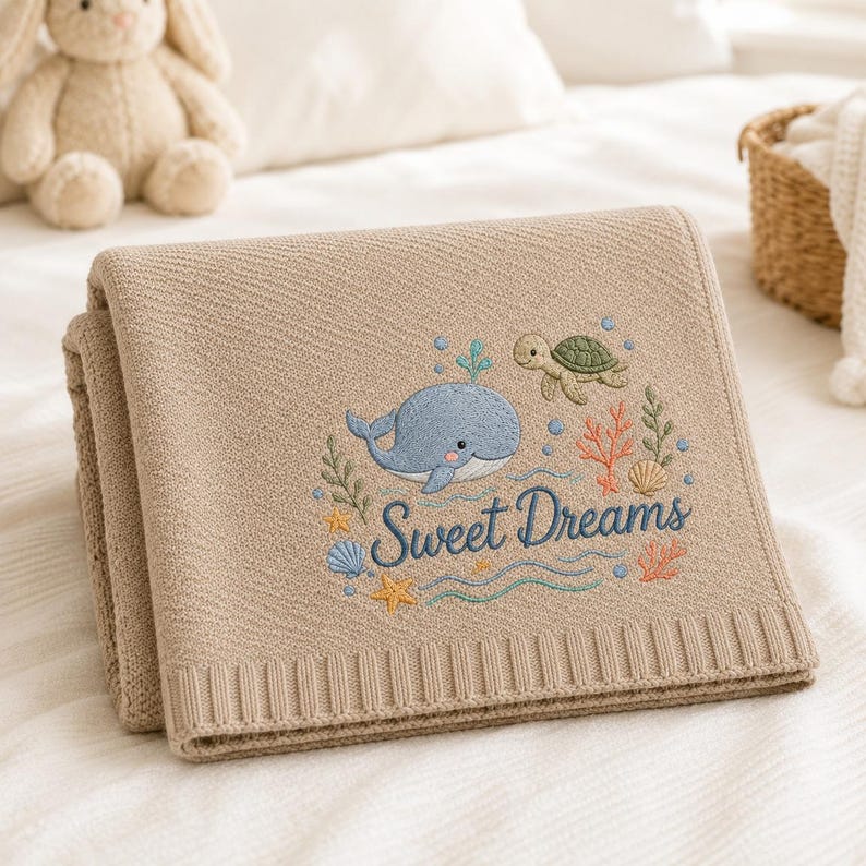 May include: A beige knit blanket featuring an embroidered design of a blue whale, a green sea turtle, coral, seashells, and a yellow starfish. The text "Sweet Dreams" is embroidered in blue script below the whale and turtle imagery.
