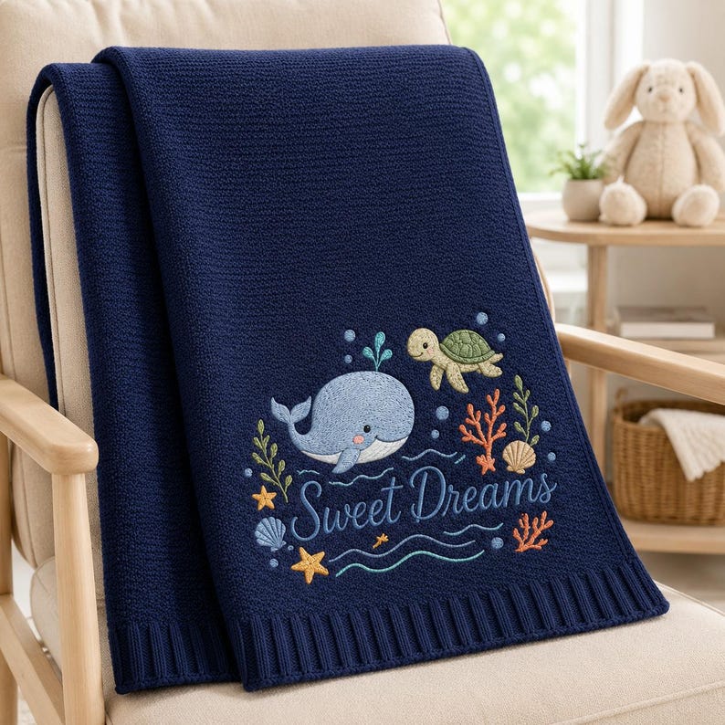 May include: A navy blue knit blanket featuring an embroidered design of a light blue whale, a green sea turtle, orange coral, and seashells. The text "Sweet Dreams" is embroidered in light blue script below the whale, surrounded by small stars.