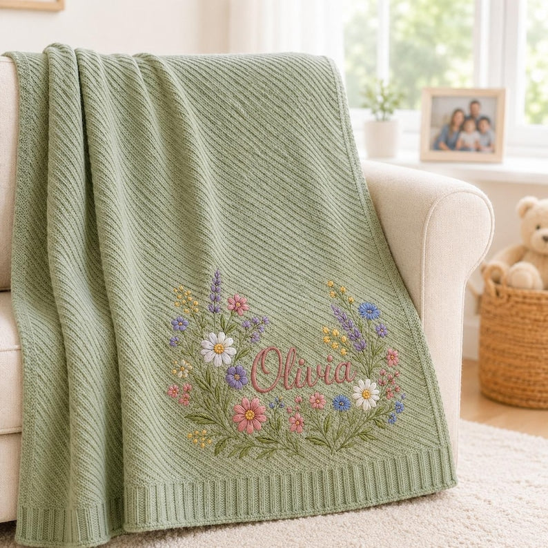 May include: A sage green knitted blanket featuring a diagonal ribbed texture and a wide ribbed border. The center is embroidered with a colorful floral wreath surrounding the name Olivia in cursive script, using shades of pink, blue, and w