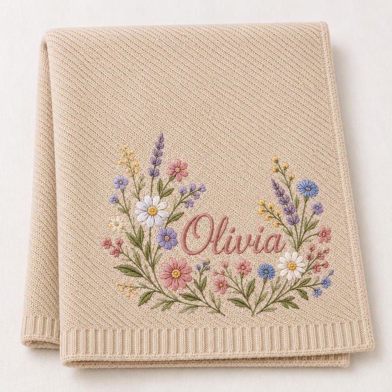 May include: A beige knit blanket featuring a diagonal ribbed texture and a ribbed border. The center is decorated with an embroidered floral wreath in shades of pink, blue, yellow, and green, with the name Olivia stitched in pink script.