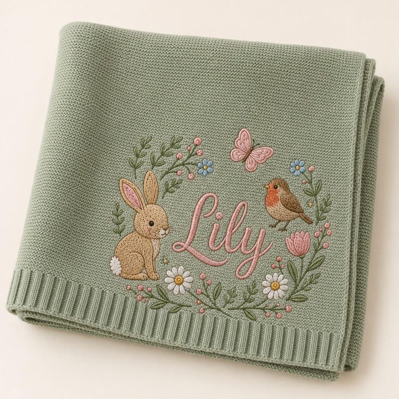 Personalized Baby Blanket with Name, Embroidered Floral Bunny Design, Soft Knit Custom Baby Girl Gift, Newborn Keepsake, Baby Shower Gift image 2