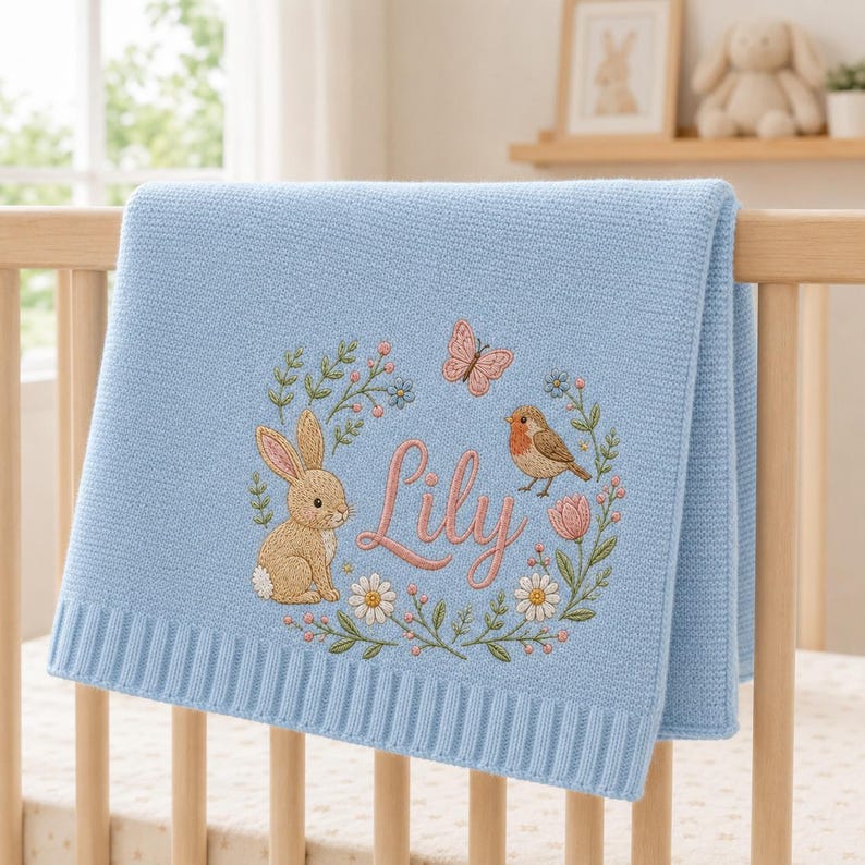 Personalized Baby Blanket with Name, Embroidered Floral Bunny Design, Soft Knit Custom Baby Girl Gift, Newborn Keepsake, Baby Shower Gift image 9