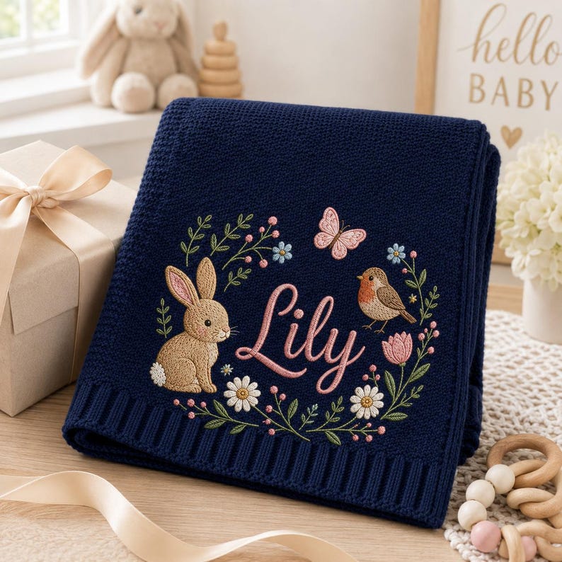 Personalized Baby Blanket with Name, Embroidered Floral Bunny Design, Soft Knit Custom Baby Girl Gift, Newborn Keepsake, Baby Shower Gift image 11