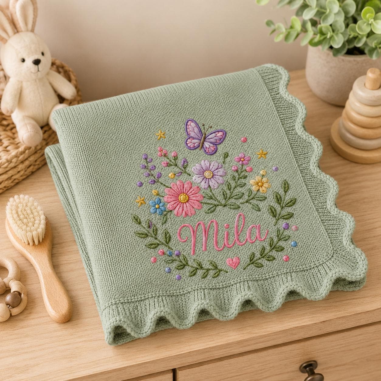 May include: A sage green knitted baby blanket with a scalloped edge, featuring an embroidered design of a purple butterfly, various colorful flowers, and the name Mila in pink script lettering centered within a floral wreath pattern.