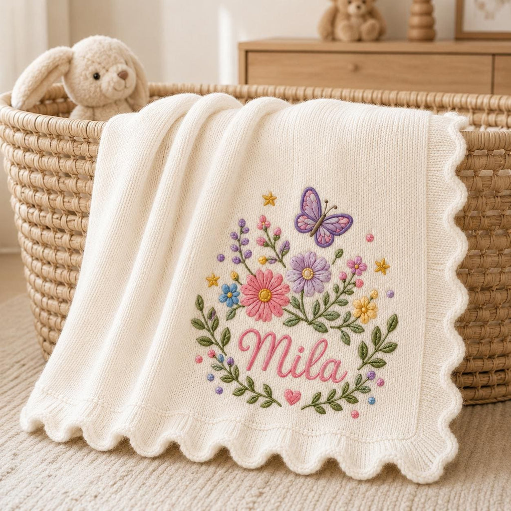 May include: A cream-colored knit baby blanket with a scalloped edge, featuring an embroidered design of a purple butterfly, colorful flowers, green leaves, and the name Mila in pink script lettering centered within a floral wreath motif.