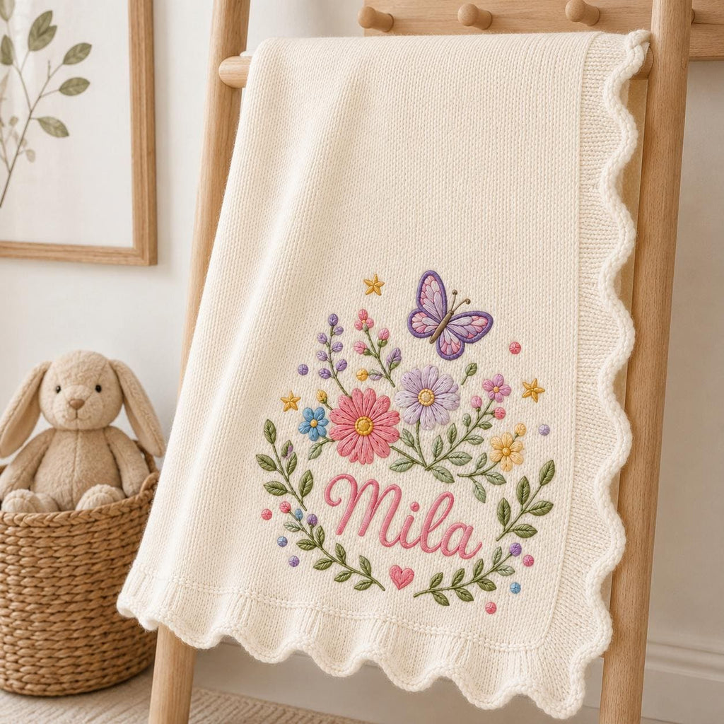 May include: A cream-colored knit baby blanket featuring a scalloped edge and an embroidered design of a purple butterfly, colorful flowers, green leaves, and small stars. The name Mila is embroidered in pink script in the center of the floral arrang