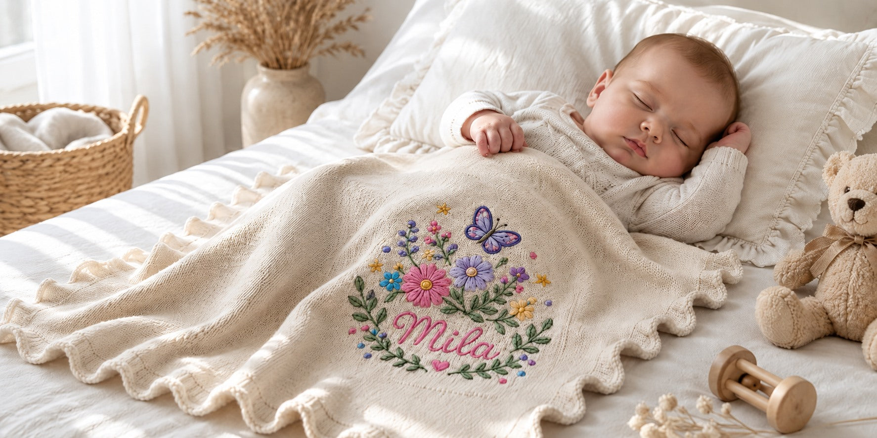 Sleeping baby under a personalized floral embroidered blanket