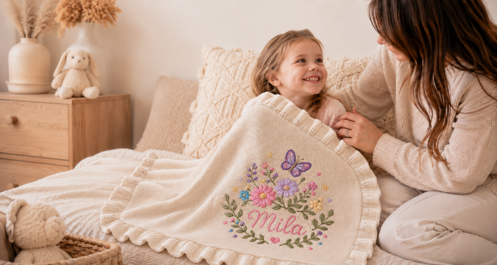 A mother and child sharing a personalized floral blanket