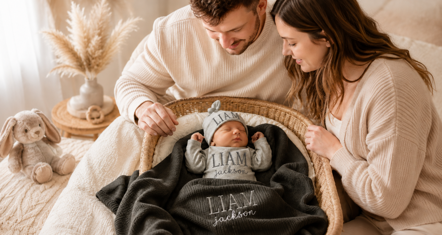 New parents with their baby and a personalized blanket